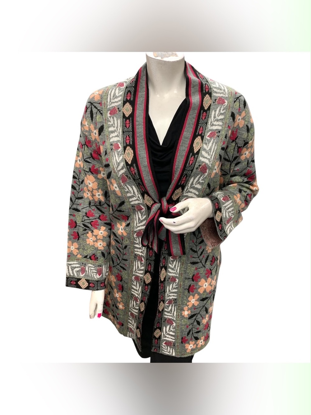 Derby Floral Embroidered Tie-Front Cardigan Jacket - Gray/Multi Size L